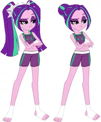 Size: 432x522 | Tagged: safe, artist:darthrivan, derpibooru import, aria blaze, equestria girls, alternate hairstyle, boxing shorts, boxing trunks, clothes, exeron fighters, feetwraps, female, handwraps, image, martial artist, martial arts kids, martial arts kids outfits, muay thai, pigtails, png, raised eyebrow, shorts, simple background, solo, sports bra, sports outfit, sports shorts, sports tape, tanktop, twintails, white background