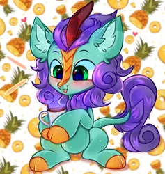 Size: 2044x2160 | Tagged: safe, artist:pesty_skillengton, derpibooru import, kirin oc, oc, oc:blazing frost, kirin, blushing, chibi, chocolate, food, hot chocolate, image, jpeg, smiling, solo