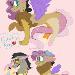 Size: 899x899 | Tagged: safe, artist:cocolove2176, derpibooru import, discord, oc, oc:coraliss rose, draconequus, hybrid, pegasus, pony, bust, draconequus oc, heart, heterochromia, image, interspecies offspring, jpeg, male, offspring, parent:discord, parent:fluttershy, parents:discoshy, pink background, simple background, smiling