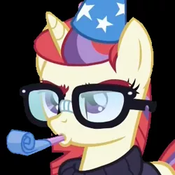 Size: 318x318 | Tagged: safe, artist:twilyisbestpone, derpibooru import, moondancer, pony, unicorn, amending fences, black background, derpibooru exclusive, female, frown, glasses, grumpy, hat, image, mare, moondancer is not amused, party hat, party horn, png, simple background, solo, unamused, vector