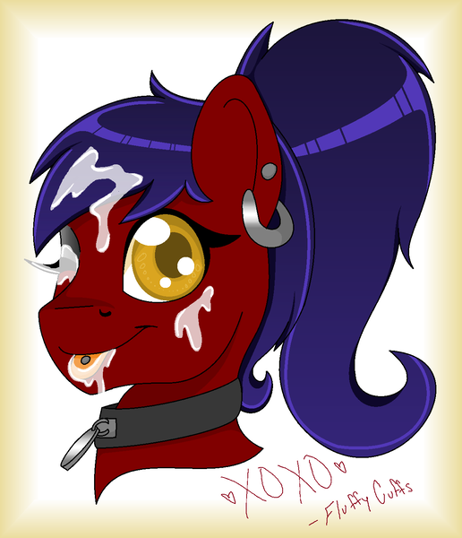 Size: 1208x1404 | Tagged: questionable, artist:horsesrnaked, derpibooru import, oc, oc:fluffycuffs, earth pony, pony, collar, cum, cum in mouth, cum on hair, facial, fan mail, image, one eye closed, piercing, png, ponytail, sexy, signature, solo, tongue out, tongue piercing, wink, xoxo