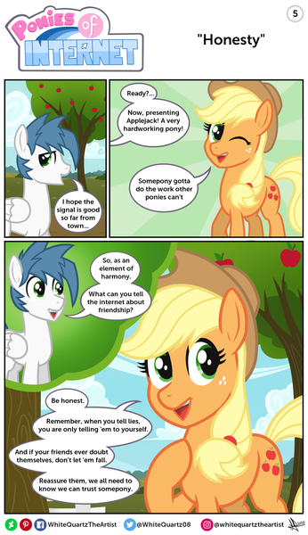 Size: 1846x3200 | Tagged: safe, artist:whitequartztheartist, derpibooru import, applejack, oc, oc:white quartz, earth pony, pegasus, pony, apple, comic, food, image, mini comic, png, ponies of internet