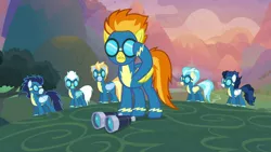 Size: 1920x1080 | Tagged: safe, derpibooru import, screencap, fleetfoot, high winds, lightning streak, misty fly, soarin', spitfire, pegasus, pony, the last problem, binoculars, clothes, goggles, image, png, uniform, wonderbolts, wonderbolts uniform