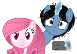Size: 1179x823 | Tagged: safe, artist:muhammad yunus, derpibooru import, oc, oc:annisa trihapsari, oc:siti shafiyyah, earth pony, pony, unicorn, base used, black hair, blue body, cute, duo, earth pony oc, female, hnnng, horn, image, mare, messy mane, mobile phone, ocbetes, phone, pink body, pink hair, png, simple background, smartphone, smiling, time for two, transparent background, unicorn oc, upset, vector