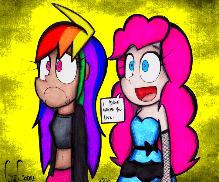 Size: 2048x1702 | Tagged: safe, artist:insomniaqueen, derpibooru import, pinkie pie, rainbow dash, human, abstract background, :c, clothes, :d, duo, female, frown, humanized, image, jpeg, midriff, open mouth, traditional art