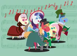 Size: 2160x1584 | Tagged: safe, anonymous artist, derpibooru import, big macintosh, fluttershy, rarity, toe-tapper, torch song, oc, oc:late riser, earth pony, pegasus, pony, series:fm holidays, series:hearth's warming advent calendar, advent calendar, baby, baby pony, book, caroling, christmas, clothes, coat, colt, dress, earmuffs, family, female, fluttermac, glowing horn, hat, holding a pony, holiday, hood, horn, image, levitation, lineless, magic, male, mare, music notes, offspring, parent:big macintosh, parent:fluttershy, parents:fluttermac, plaid, png, pointy ponies, ponytones, scarf, shipping, singing, stallion, straight, telekinesis, top hat, unmoving plaid