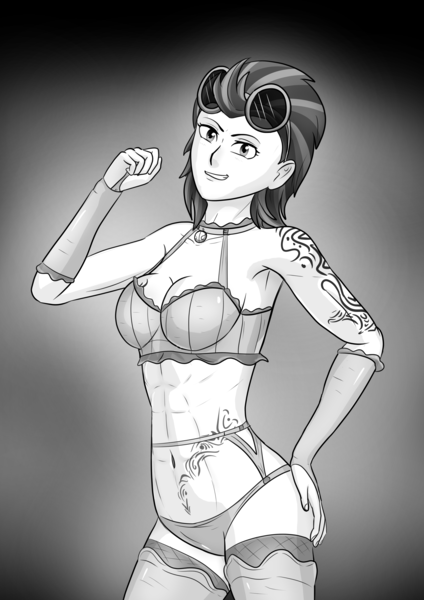 Size: 4961x7016 | Tagged: suggestive, alternate version, artist:symptom99, derpibooru import, indigo zap, human, equestria girls, abs, bracelet, breasts, clothes, female, garter belt, image, jewelry, looking at you, monochrome, png, solo, tattoo, underwear