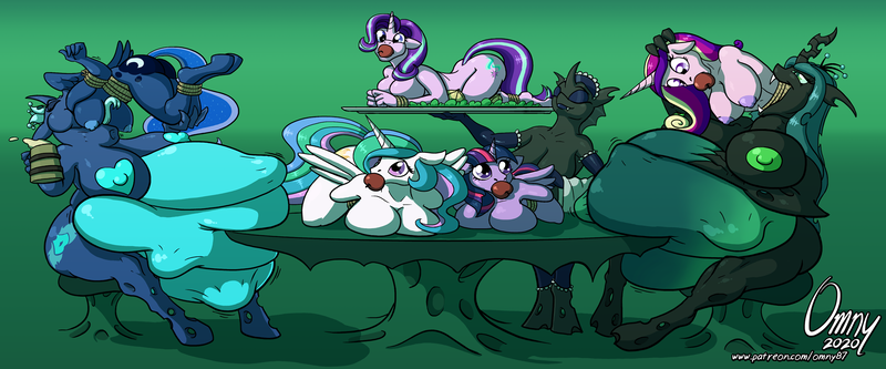 Size: 2000x833 | Tagged: questionable, artist:omny87, derpibooru import, princess cadance, princess celestia, princess luna, queen chrysalis, starlight glimmer, twilight sparkle, oc, oc:sektiss, alicorn, anthro, changeling, unguligrade anthro, alicorn tetrarchy, apple, apple gag, areola, belly, big belly, big breasts, blue changeling, bondage, bound and gagged, breasts, busty changeling, busty princess cadance, busty princess celestia, busty princess luna, busty starlight glimmer, busty twilight sparkle, chrysalispred, clothes, female, females only, food, foodplay, french maid, gag, glimmer prey, heart areola, huge belly, huge breasts, image, imminent vore, impossibly large belly, maid, mug, nipples, nudity, png, preylight, soft vore, stuffing, table, twilight sparkle (alicorn), vore