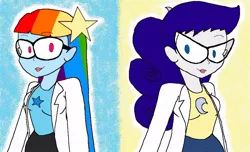 Size: 950x578 | Tagged: safe, derpibooru import, rainbow dash, rarity, human, equestria girls, clothes, crossover, glasses, humanized, image, johnny test, jpeg, lab coat, mary test, susan test