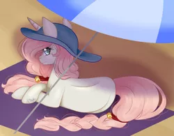 Size: 2773x2163 | Tagged: safe, artist:grace-likes-cake, derpibooru import, oc, oc:blushing breakfast, unofficial characters only, pony, unicorn, beach, beach blanket, beach umbrella, crossed hooves, female, hat, heart eyes, image, looking back, lying down, mare, png, prone, solo, sun hat, umbrella, wingding eyes