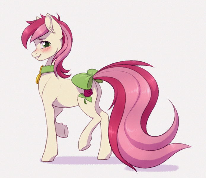 Size: 2244x1937 | Tagged: safe, artist:barlerd, derpibooru import, roseluck, earth pony, pony, blushing, bow, collar, commission, commissioner:doom9454, cute, cuteluck, female, image, long tail, mare, pet tag, png, pony pet, rosepet, simple background, smiling, solo, tail bow, white background