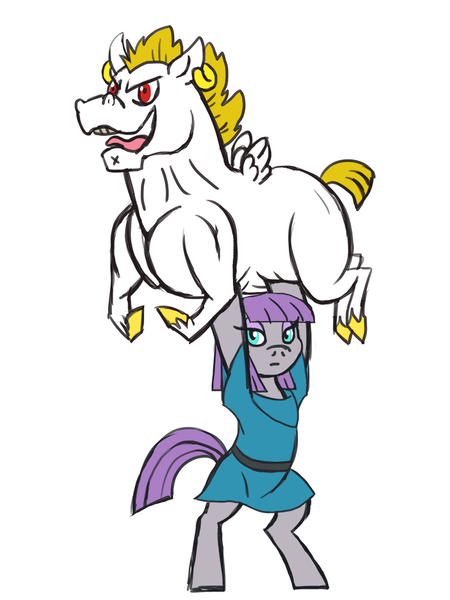 Size: 684x912 | Tagged: safe, artist:sinjaaussiaangels, derpibooru import, bulk biceps, maud pie, earth pony, pegasus, pony, bipedal, clothes, do you even lift, female, flexing, image, lifting, male, mare, maudceps, meme, png, shipping, simple background, stallion, straight, white background