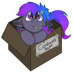 Size: 567x559 | Tagged: source needed, safe, artist:rokosmith26, derpibooru import, part of a set, oc, oc:grey, unofficial characters only, bat pony, pony, bat pony oc, bat wings, box, cheek fluff, chibi, commission, cute, ear fluff, eye clipping through hair, floppy ears, flower, flower in hair, image, looking at you, male, pink eyes, png, pony in a box, puppy dog eyes, roko's box ponies, simple background, smiling, solo, stallion, tail, teeth, text, tooth, transparent background, wings, ych result
