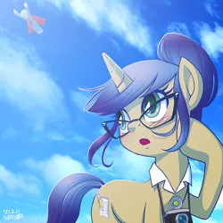 Size: 1000x1000 | Tagged: safe, artist:uotapo, derpibooru import, nosey news, oc, ponified, pony, unicorn, camera, cloud, crossover, dc comics, female, glasses, image, jpeg, mare, quill (character), raised hoof, sky, superhero, superman