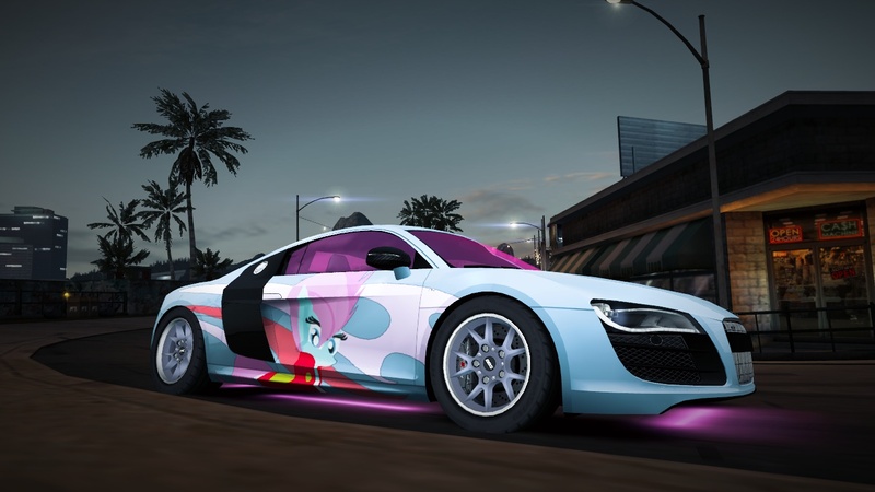 Size: 1366x768 | Tagged: safe, derpibooru import, soigne folio, pony, audi, audi r8, car, city, female, game screencap, image, jpeg, mare, need for speed, need for speed world, solo