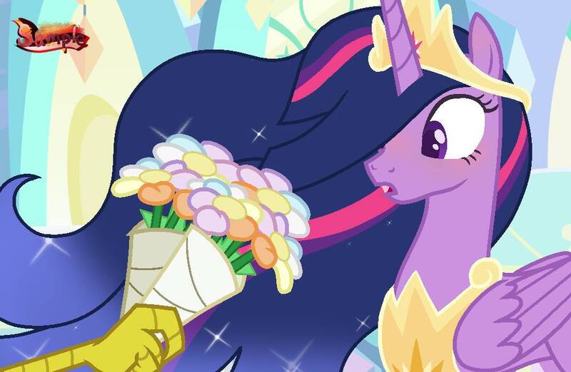 Size: 1000x653 | Tagged: safe, artist:craftycitty, artist:fourteennails, derpibooru import, edit, discord, princess twilight 2.0, twilight sparkle, twilight sparkle (alicorn), alicorn, pony, the last problem, base used, bouquet, discolight, female, flower, image, jpeg, male, offscreen character, older, older twilight, shipping, straight