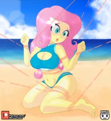 Size: 2100x2300 | Tagged: suggestive, artist:minusclass, derpibooru import, fluttershy, equestria girls, :o, barefoot, beach, beach babe, belly button, big breasts, blue swimsuit, bondage, boob window, breasts, busty fluttershy, butterfly hairpin, cleavage, clothes, cloud, erect nipples, feet, female, image, jpeg, kneeling, lens flare, magic abuse, nipple outline, ocean, open mouth, patreon, patreon logo, remake, sand, shocked, shocked expression, sky, solo, solo female, strings, summer, swimsuit, tied up, two piece swimsuit, water, wide eyes, wires