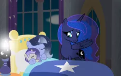 Size: 1940x1208 | Tagged: safe, artist:stellamoonshine, derpibooru import, princess luna, oc, oc:luminous moon, oc:stella moonshine, pony, baby, baby pony, base used, bed, female, filly, image, mother and child, mother and daughter, offspring, parent:princess luna, parent:stygian, parents:styuna, png