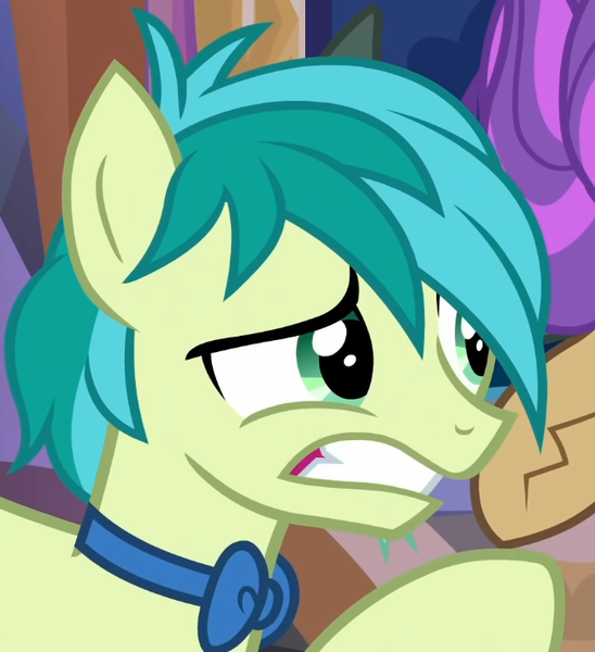 Size: 649x711 | Tagged: safe, derpibooru import, screencap, sandbar, yona, earth pony, pony, yak, she's all yak, bowtie, colt, concerned, cropped, gritted teeth, image, male, png, raised hoof, solo focus