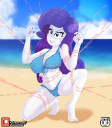 Size: 2000x2280 | Tagged: suggestive, artist:minusclass, derpibooru import, rarity, equestria girls, barefoot, beach, beach babe, belly button, bikini, bikini babe, blue swimsuit, bondage, breasts, busty rarity, cleavage, clothes, cloud, erect nipples, feet, female, gritted teeth, image, jpeg, lens flare, looking at you, magic abuse, nipple outline, ocean, patreon, patreon logo, remake, sand, sky, solo, solo female, strings, summer, swimsuit, tied up, two piece swimsuit, water, wires