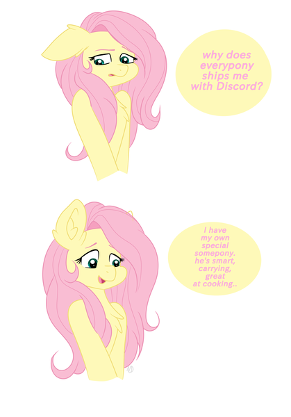 Size: 2585x3702 | Tagged: safe, artist:nightydream, derpibooru import, fluttershy, pegasus, pony, chest fluff, dialogue, female, image, png, shipping, simple background, solo, white background