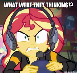Size: 600x563 | Tagged: safe, derpibooru import, edit, edited screencap, screencap, fluttershy, sunset shimmer, equestria girls, equestria girls series, game stream, spoiler:eqg series (season 2), angry video game nerd, caption, headphones, image, image macro, jpeg, memeful.com, offscreen character, psycho gamer sunset, tell me what you need, text, what were they thinking