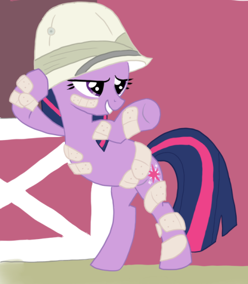 Size: 503x576 | Tagged: safe, artist:sunattic, derpibooru import, twilight sparkle, pony, feeling pinkie keen, bandaid, bipedal, bipedal leaning, hat, image, leaning, pith helmet, png, scene interpretation, solo