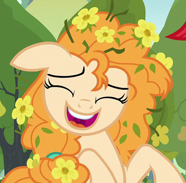 Size: 976x961 | Tagged: safe, derpibooru import, screencap, pear butter, earth pony, pony, the perfect pear, cropped, cute, eyes closed, female, floppy ears, flower, flower in hair, grass, image, laughing, mare, messy mane, open mouth, pearabetes, png, uvula, uvula shaking