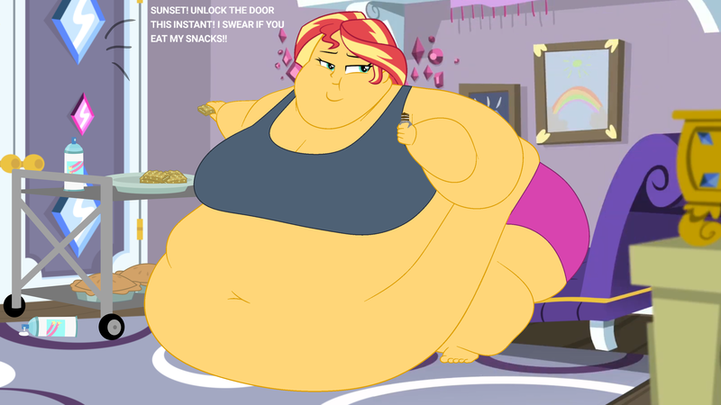 Size: 3200x1800 | Tagged: questionable, artist:neongothic, artist:skye lily, derpibooru import, edit, edited edit, rarity, sunset shimmer, equestria girls, :t, bbw, belly, belly button, belly on floor, big belly, big breasts, bingo wings, breasts, cheeky, chubby cheeks, double chin, eating, fat, food, huge belly, image, immobile, implied rarity, impossibly large belly, obese, offscreen character, png, slobset shimmer, ssbbw, weight gain, whipped cream