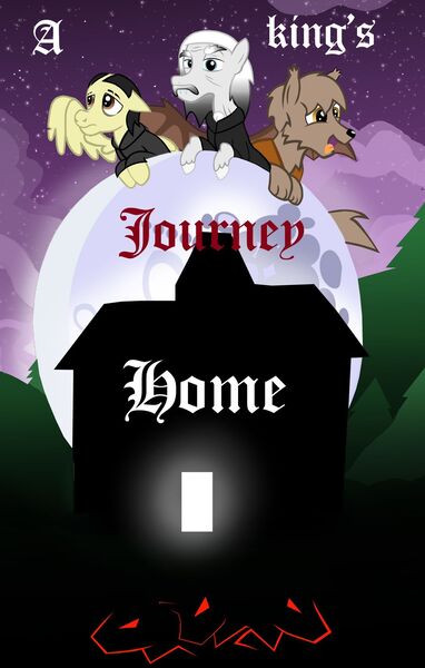 Size: 1280x2011 | Tagged: safe, artist:mr100dragon100, derpibooru import, oc, oc:thomas the wolfpony, bat pony, vampire, vampony, wolf, wolf pony, comic:a king's journey home, blackletter, dark forest au's dracula, dark forest au's phantom of the opera (erik), dracula, forest, house, image, jpeg, mare in the moon, moon, night, phantom of the opera, purple sky, tree