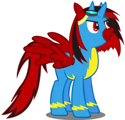 Size: 940x908 | Tagged: safe, artist:blingingjak, derpibooru import, oc, oc:spitfire, unofficial characters only, alicorn, alicorn oc, clothes, head up, horn, image, looking up, multiple horns, png, red and black mane, red and black oc, simple background, solo, transparent background, tricorn, uniform, wings, wonderbolts uniform