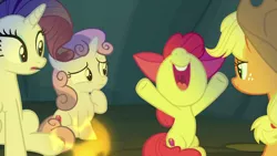 Size: 1280x720 | Tagged: safe, derpibooru import, screencap, apple bloom, applejack, rarity, sweetie belle, campfire tales, campfire, fire, image, nose in the air, png, volumetric mouth