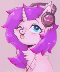 Size: 659x801 | Tagged: safe, artist:astralblues, derpibooru import, oc, pony, unicorn, blue eyes, chest fluff, cute, ear fluff, fluffy, headphones, image, looking up, png, shy, solo, tongue out