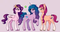 Size: 2560x1372 | Tagged: safe, artist:silverst, derpibooru import, izzy moonbow, pipp petals, sunny starscout, earth pony, pegasus, pony, unicorn, braid, female, g5, glowing horn, horn, image, izzy's tennis ball, jpeg, looking at each other, magic, mare, open mouth, raised hoof, simple background, smiling, telekinesis, tennis ball, unshorn fetlocks