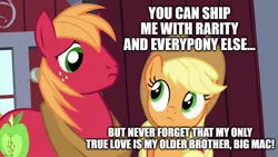 Size: 1280x720 | Tagged: safe, derpibooru import, edit, edited screencap, screencap, applejack, big macintosh, earth pony, pony, brotherhooves social, applecest, applemac, caption, female, image, incest, jpeg, male, mare, shipping, stallion, straight, text, why