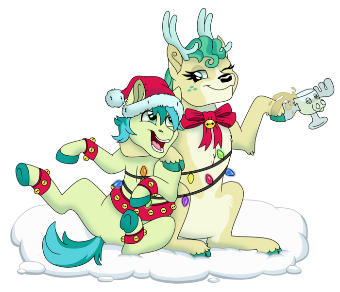 Size: 1024x878 | Tagged: safe, artist:faitheverlasting, derpibooru import, alice the reindeer, sandbar, deer, pony, reindeer, best gift ever, image, png, simple background, transparent background