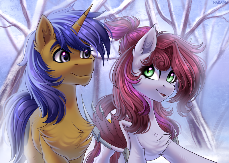 Size: 3600x2566 | Tagged: safe, artist:hakaina, derpibooru import, oc, oc:jade jump, oc:lunar spice, unofficial characters only, bat pony, pony, unicorn, commission, image, jadespice, png, snow, winter, ych result