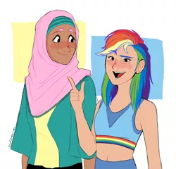 Size: 2396x2299 | Tagged: safe, artist:syrupyyy, derpibooru import, fluttershy, rainbow dash, human, alternate hairstyle, belly button, blushing, clothes, comments locked down, dark skin, diversity, duo, female, graveyard of comments, hijab, humanized, image, islam, islamashy, midriff, open mouth, png, religion, shirt, shorts, sports bra, sports shorts