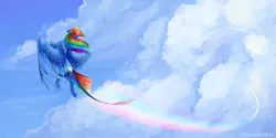 Size: 1600x800 | Tagged: safe, artist:dragonademetal, derpibooru import, rainbow dash, pegasus, pony, female, flying, image, leonine tail, mare, png, rainbow trail, rear view, solo, wind, windswept mane