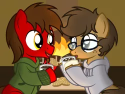 Size: 1600x1200 | Tagged: safe, artist:toyminator900, derpibooru import, oc, oc:binky, oc:chip, unofficial characters only, hybrid, pegasus, pony, zony, bread, chocolate, clothes, duo, fireplace, food, freckles, glasses, hoodie, hot chocolate, image, marshmallows, pegasus oc, png, wings, zony oc