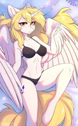 Size: 1861x3008 | Tagged: suggestive, artist:fensu-san, derpibooru import, oc, oc:star nai, alicorn, anthro, unguligrade anthro, alicorn oc, belly button, bra, breasts, clothes, female, horn, image, panties, png, solo, solo female, underwear, wings