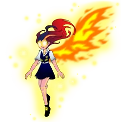 Size: 1048x1056 | Tagged: safe, artist:crydius, derpibooru import, oc, oc:gamma, human, robot, equestria girls, clothes, fire, gamma ifrit mode, glowing horn, horn, humanized, image, magical lesbian spawn, offspring, parent:sci-twi, parent:sunset shimmer, parents:scitwishimmer, png, simple background, skirt, transparent background, uniform, winged humanization, wings