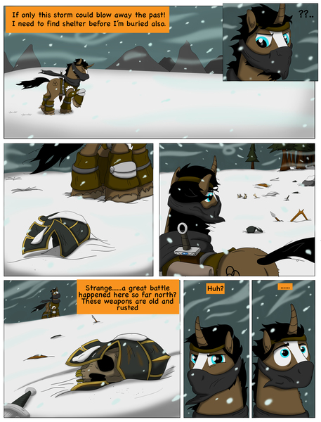 Size: 1530x2009 | Tagged: safe, artist:cactuscowboydan, derpibooru import, oc, unicorn, banishment, fantasy class, helmet, image, jpeg, skull, snow, story included, sword, warrior, weapon, winter