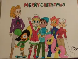 Size: 1280x960 | Tagged: safe, artist:cartoonsarelife1996, derpibooru import, fluttershy, oc, human, cats don't dance, christmas, crossover, danny t. cat, holiday, human oc, image, jpeg, marco diaz, sawyer, star butterfly, star vs the forces of evil, traditional art, wander over yonder, wander (wander over yonder)