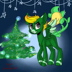 Size: 1024x1024 | Tagged: safe, derpibooru import, oc, unofficial characters only, monster pony, original species, pegasus, piranha plant pony, plant pony, pony, augmented tail, base used, christmas, christmas tree, ear fluff, grin, holiday, image, jpeg, pegasus oc, plant, signature, smiling, solo, tree, two toned wings, wings