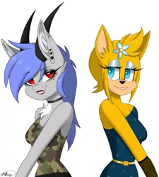 Size: 1269x1411 | Tagged: safe, artist:melodytheartpony, derpibooru import, oc, oc:melody silver, anthro, dracony, dragon, hybrid, choker, clothes, fangs, female, flower, flower in hair, horns, image, piercing, png, sonic oc, tomboy, transgender