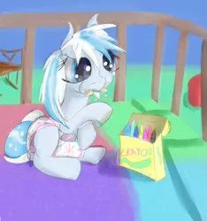 Size: 471x504 | Tagged: safe, artist::snowfrost, derpibooru import, oc, oc:snow frost, unofficial characters only, earth pony, pony, baby, baby pony, ball, chair, chewing, crayon, crib, diaper, eating, female, filly, foal, image, png, poofy diaper, solo