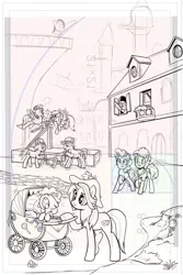 Size: 811x1215 | Tagged: safe, artist:pencils, derpibooru import, idw, cheese sandwich, derpy hooves, pinkie pie, oc, oc:sky shatter, earth pony, pegasus, pony, unicorn, spoiler:comic, spoiler:comic94, accident, balcony, building, cheesepie, comic, concerned, crying, eyes closed, female, fibonacci sequence, fibonacci spiral, flying, foal, golden ratio, grid, hammer, hat, image, jewelry, layout, log, male, mare, monochrome, mouth hold, open mouth, ouch, pacifier, pain, pain star, png, saw, season 10, shipping, sketch, stallion, straight, stroller, textless, wings, wip, yelling