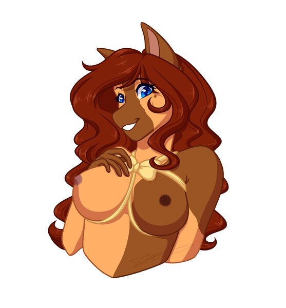 Size: 1300x1400 | Tagged: questionable, alternate version, artist:pgrim40, artist:purplegrim40, derpibooru import, oc, oc:honeypot meadow, unofficial characters only, anthro, earth pony, anthro oc, big breasts, breasts, commission, earth pony oc, grin, hearts and hooves day, holiday, image, jpeg, nipples, nudity, ribbon, simple background, smiling, valentine's day, ych result