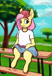 Size: 1335x1915 | Tagged: safe, artist:dummyhorse, derpibooru import, fluttershy, semi-anthro, 90s grunge fluttershy, backwards ballcap, baseball cap, belt, bench, cap, clothes, female, hat, human shoulders, image, jpeg, looking at you, outdoors, park, shirt, sitting, skirt, smiling, soda can, solo, table, three quarter view, tree, t-shirt